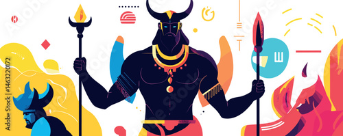Colorful mythical warrior with spears and horns amidst abstract elements.