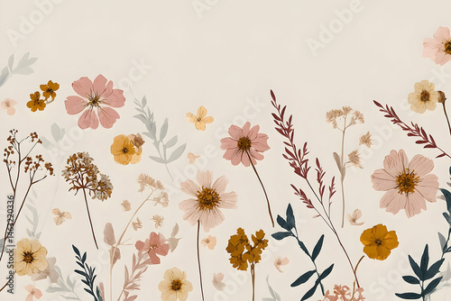 Delicate pressed flowers in pastel colors.