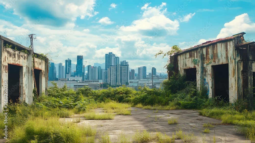 Urban decay juxtaposed with modern city structures. Urban decay juxtaposed with modern city structures.