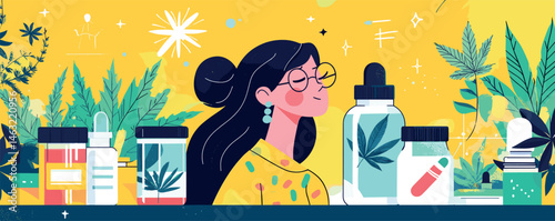 Woman enjoying aromatherapy surrounded by colorful herbal products and cannabis leaves.