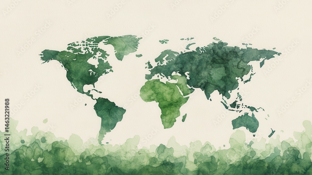 Obraz premium Artistic Watercolor Map of the World in Shades of Green with Soft Blurred Edges for Nature and Travel Themes