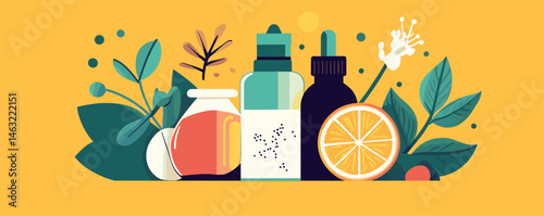 Natural skincare products with vibrant botanical illustrations on yellow background.