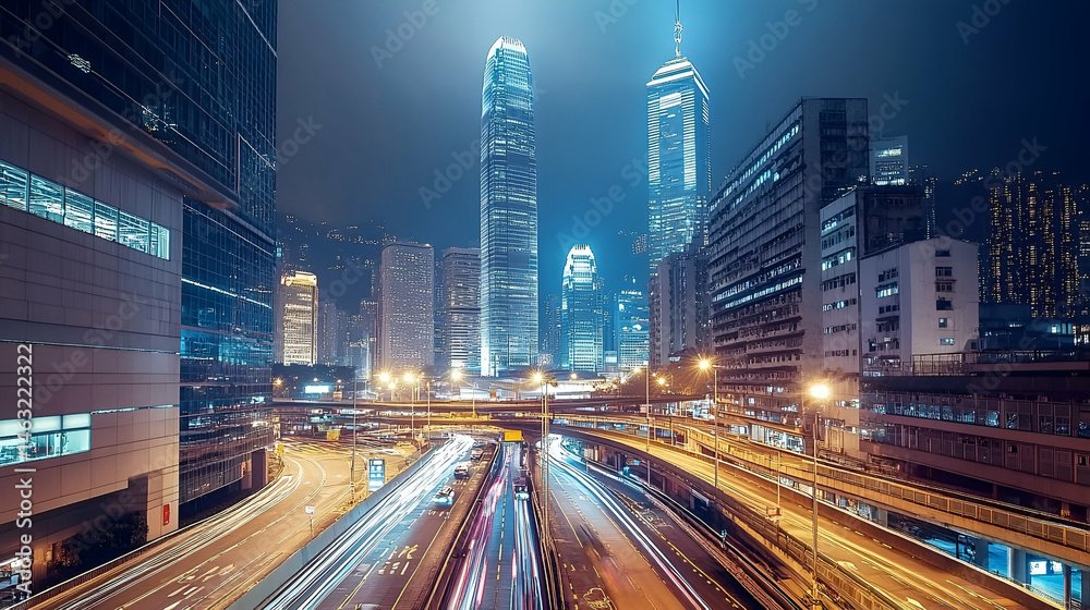 Fototapeta premium Night City Skyline with Bright Lights and Traffic Trails