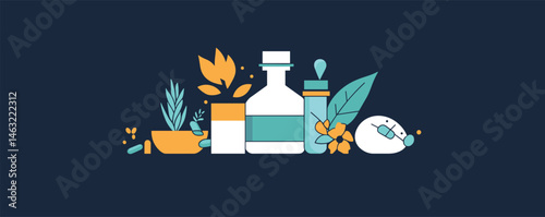 Colorful herbal medicine concept with bottles, capsules, leaves, and natural elements.