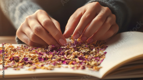 Hands gently touch dried flower petals on open book, creating art