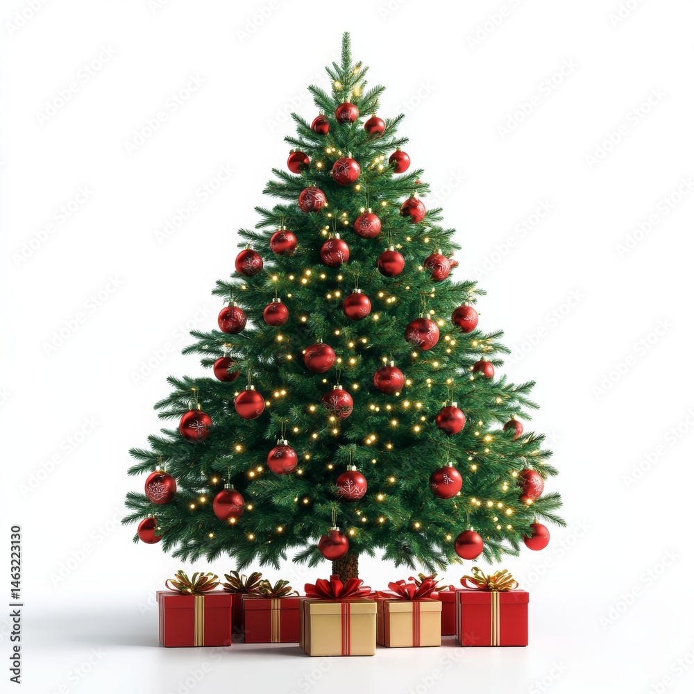 Elegant Christmas Tree with Red Ornaments and Gifts on White, Festive, Holiday Elegant Christmas Tree with Red Ornaments and Gifts on White, Festive, Holiday