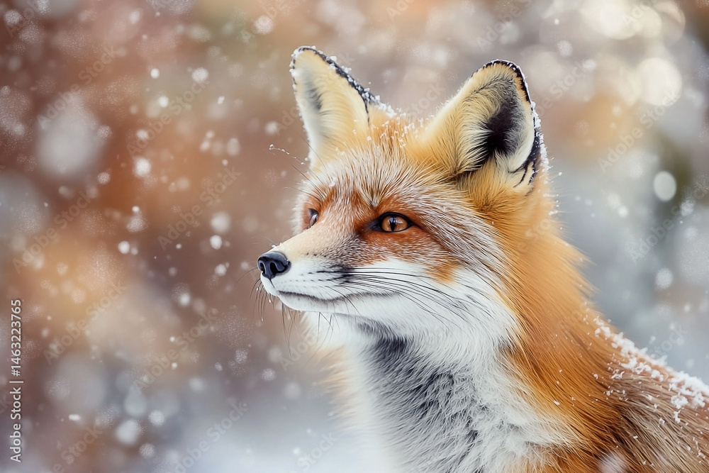 Fototapeta premium A solitary red fox gazes into the winter landscape amidst falling snowflakes