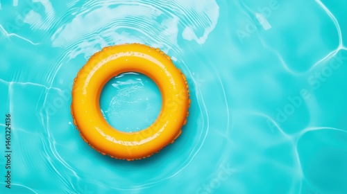 Bright Yellow Pool Float Ring on Calm Turquoise Water Surface for Summer Fun and Relaxation
