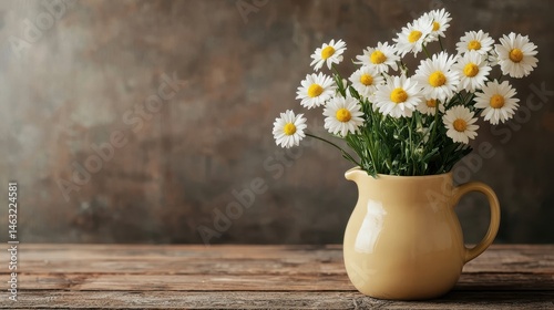 Wallpaper Mural Fresh daisies in a yellow pitcher on rustic wooden table with textured background and soft natural light Torontodigital.ca