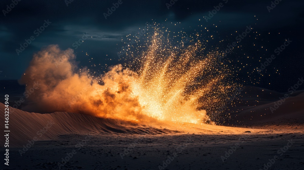 Explosive display of light and fire against a backdrop of desert dunes at night. Explosive display of light and fire against a backdrop of desert dunes at night.
