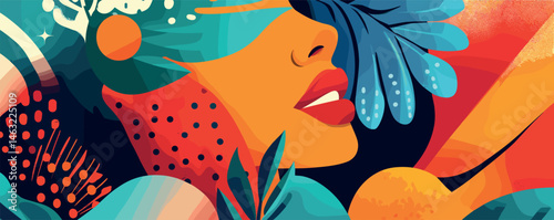 Colorful abstract portrait featuring female face with vibrant patterns and shapes.