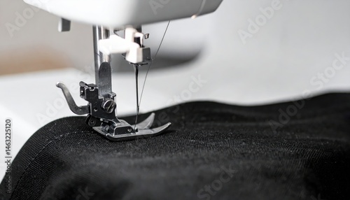 A close-up of a sewing machine needle and presser foot stitching black fabric, highlighting the intricacies of textile work and craftsmanship