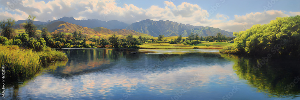 Fototapeta premium Serene Lakeside Reflections: Nature's Mirrored Tranquility in a Harmonious Landscape