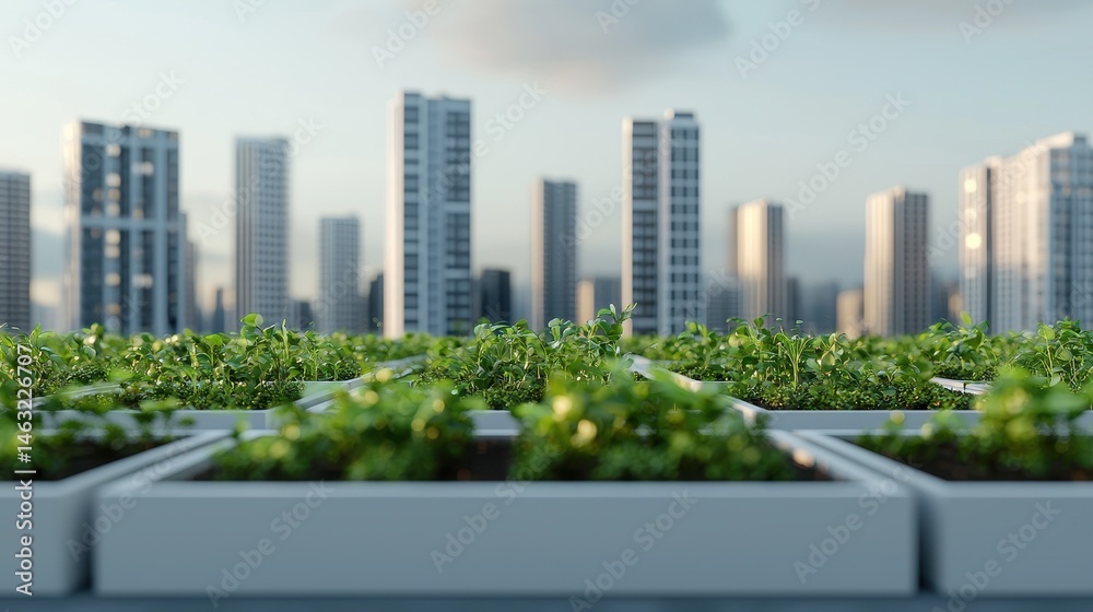 Fototapeta premium Urban Rooftop Garden with Fresh Plants Against a City Skyline at Sunrise