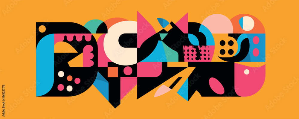 Fototapeta premium Colorful abstract geometric artwork with bold shapes and patterns on yellow background.