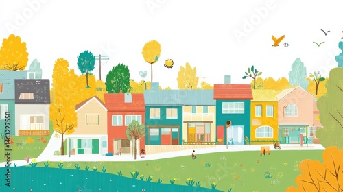 Charming Colorful Houses with Lush Greenery in a Serene Neighborhood Scene