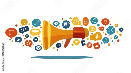 Colorful Megaphone with Social Media Icons Illustrating Digital Communication Concept
