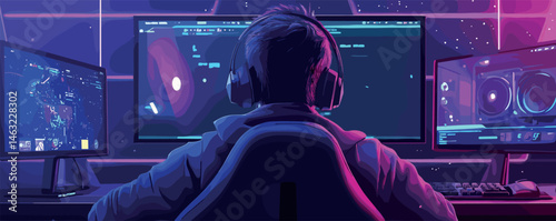 Gamer in neon-lit room focused on multiple monitors with headphones.