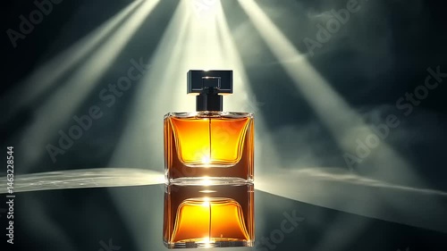 Elegant perfume bottle illuminated by dramatic light beams, reflecting on a dark surface, creating a moody atmosphere