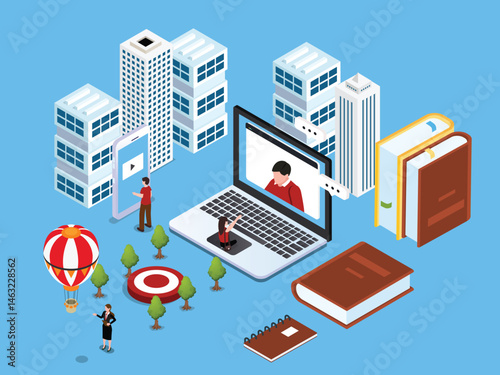 A student is shown inside a laptop screen, engaged in a virtual lesson with a teacher. Nearby, a smartphone displays a video tutorial, and books, a notebook, and city buildings in the background Isome
