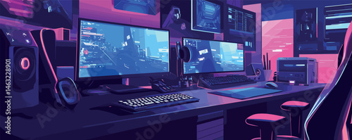 Futuristic gaming setup with multiple monitors and neon lighting in modern room.