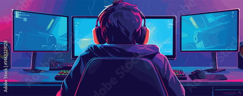 Gamer boy in headphones playing on triple monitors in vibrant neon gaming setup.