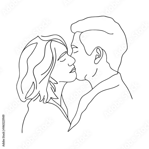 Vector illustration shows a black silhouette outline of a loving couple, a woman and a person, in a simple line art drawing