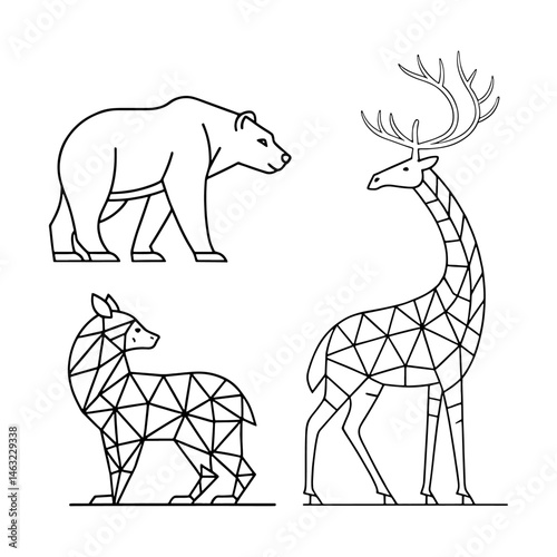 A cute cartoon vector illustration shows a set of farm animals including a horse, donkey, goat, and a wild elephant silhouette