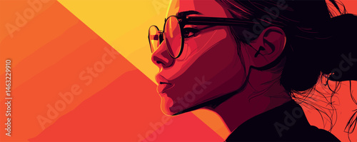 Stylized portrait of a young woman in glasses with red and yellow abstract background.