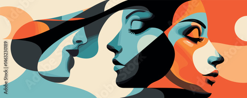 Abstract artistic faces with bold colors and geometric shapes in profile view.