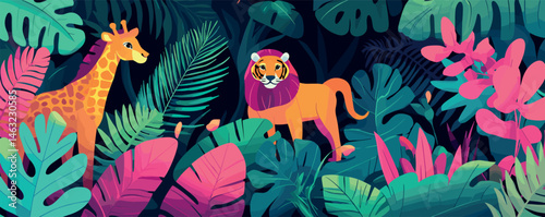 Vibrant jungle scene with giraffe and lion amidst tropical foliage in lush colors