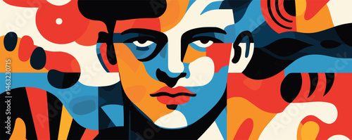 Abstract colorful portrait of person in geometric patterns and bold shapes.