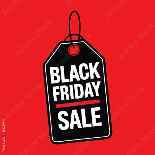 A bold red sale tag featuring the Black Friday logo, announcing unbeatable discounts with striking black lettering, creating urgency for shoppers to seize the limited-time offers.
