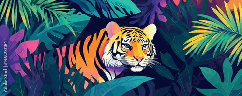 Colorful tiger in jungle foliage with vibrant tropical leaves in digital art illustration.