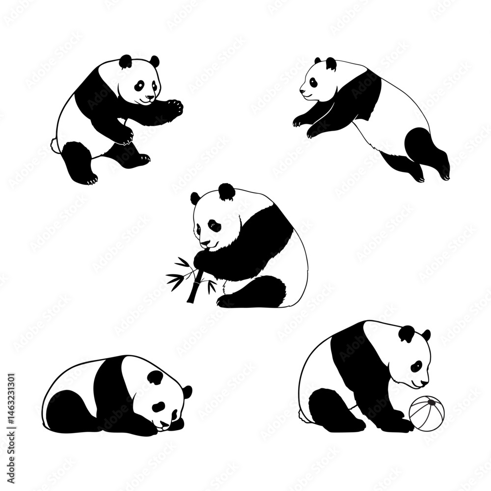 Fototapeta premium Cute panda outline set featuring pandas jumping, playing, and sleeping in fun poses. Perfect for kids' books, coloring pages, and animal-themed designs. High-quality line art style.