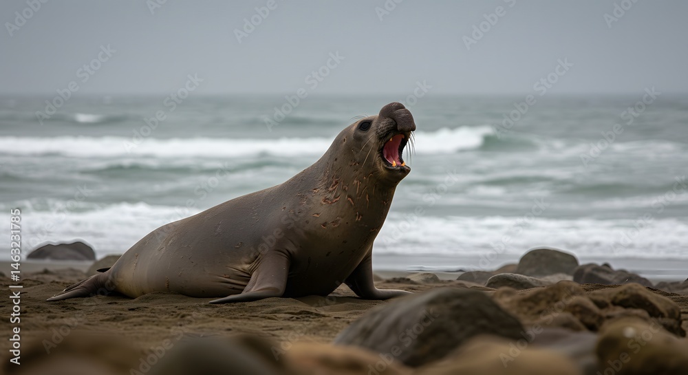 Fototapeta premium Elephant Seal Roars on Beach