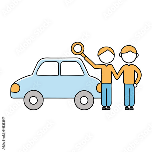 Two people stand behind a car, each holding one side of a shared key, symbolizing partnership, shared ownership, or joint decision-making related to the vehicle.