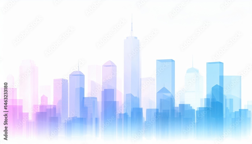 Fototapeta premium A soft, abstract skyline featuring skyscrapers in shades of blue and pink, creating a dreamy urban landscape