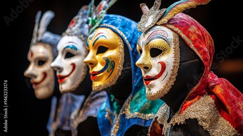 Colorful Venetian masks displayed during a traditional festival celebration in Italy showcasing vibrant artistry and cultural heritage