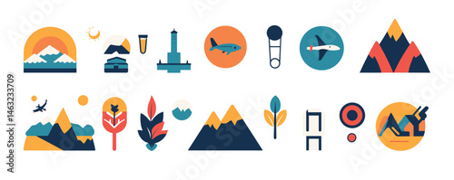 Colorful geometric icons: airplane, mountain, leaf, and more in minimalist design.