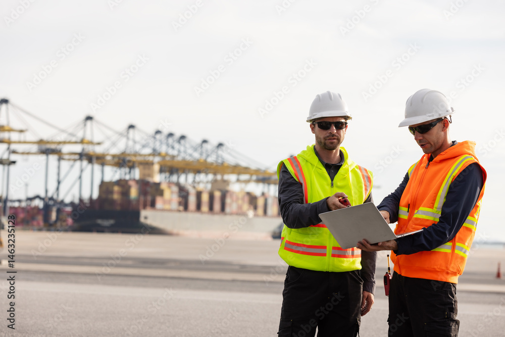 Two port workers in safety gear and helmets stand discussing operations, one holding a walkie-talkie and the other a laptop, with cargo containers and cranes in the background at a busy harbor. Two port workers in safety gear and helmets stand discussing operations, one holding a walkie-talkie and the other a laptop, with cargo containers and cranes in the background at a busy harbor.