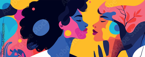Colorful abstract art of two women facing each other with bold patterns and bright colors.