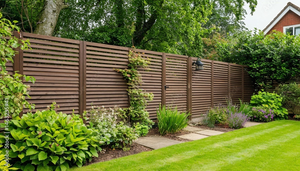 custom made wallpaper toronto digitalModern slatted wooden fence in a garden setting. The fence provides privacy and enhances the aesthetic appeal of the landscape.