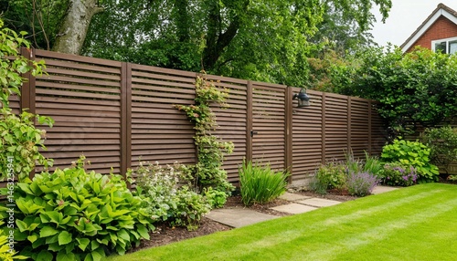 Wallpaper Mural Modern slatted wooden fence in a garden setting. The fence provides privacy and enhances the aesthetic appeal of the landscape. Torontodigital.ca