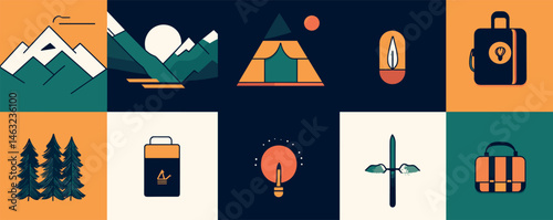 Minimalist camping icons: mountains, tent, lantern, and adventure gear in flat design.