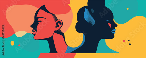 Colorful abstract art of diverse female profiles in contrasting shades and bold shapes.
