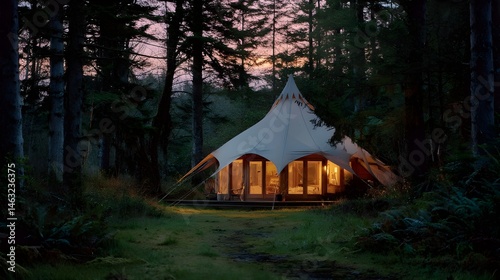 Enjoy luxury outdoors with glamping style tent featuring large panoramic windows offering forest views comfort