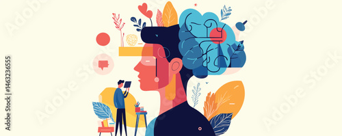 Creative mind concept: abstract illustration of man with brain and nature elements.