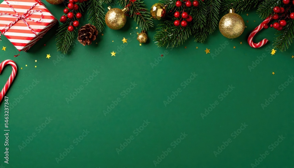 Naklejka premium Festive decorations with ornaments, pine branches, and a gift box on a green background, evoking a cheerful holiday atmosphere