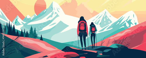 Two hikers admiring majestic mountain landscape at sunrise with vibrant colors.